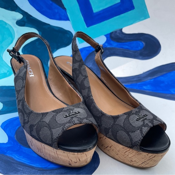 Coach Shoes Coach Wedge Sandals Ferry Black Grey Jacquard Logo